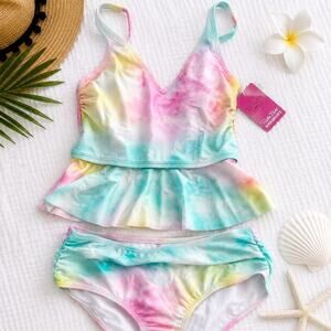 NWT RuffleButts Rainbow Tie Dye Peplum Tankini Swimsuit Set Womens S/M UPF 50+